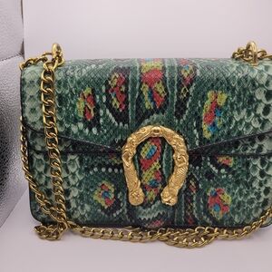 Luxury Green Patterned Handbag with Gold Chain